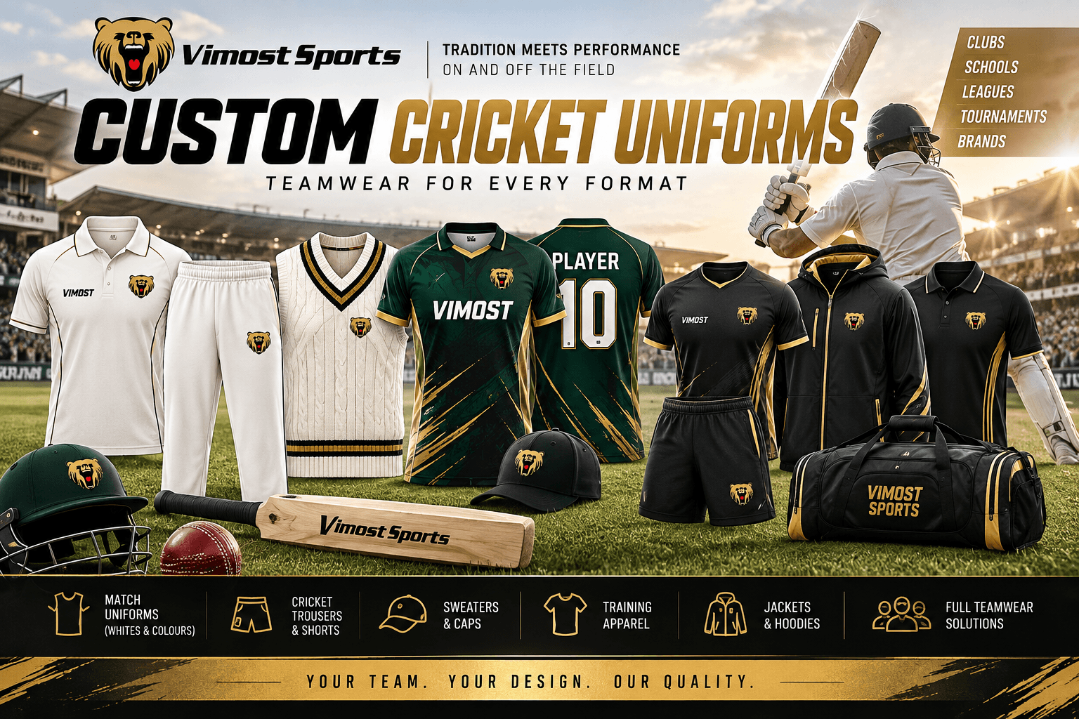 Custom Cricket Uniforms: How to Choose the Right Kit for Your Team 2 Custom cricket uniforms including jerseys trousers sweaters and teamwear by Vimost Sports