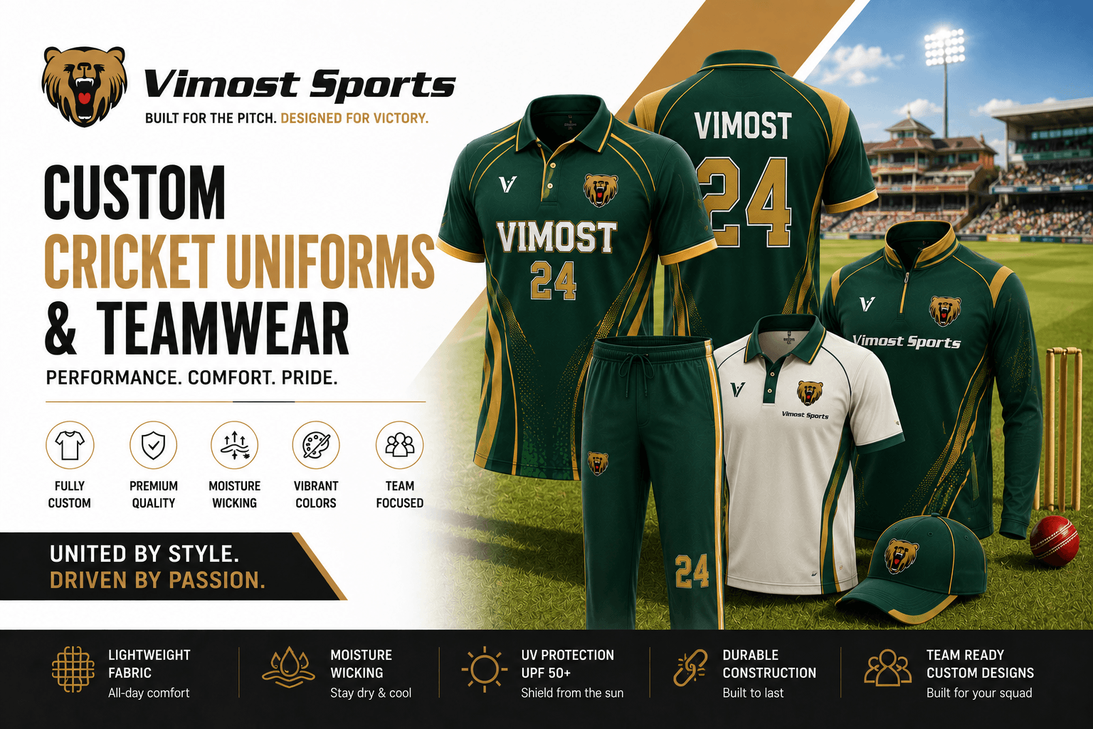 custom cricket uniforms teamwear banner Custom cricket uniforms manufacturer showing cricket jerseys, pants, shorts, vests, jumpers and jackets by Vimost Sports