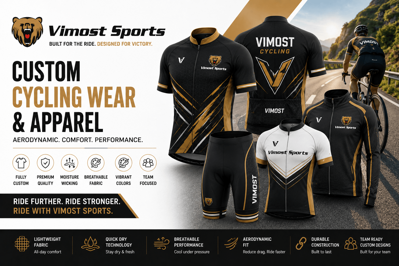 custom cycling wear apparel banner Custom cycling apparel manufacturer showing cycling jerseys, bib shorts, vests, jackets and arm sleeves by Vimost Sports