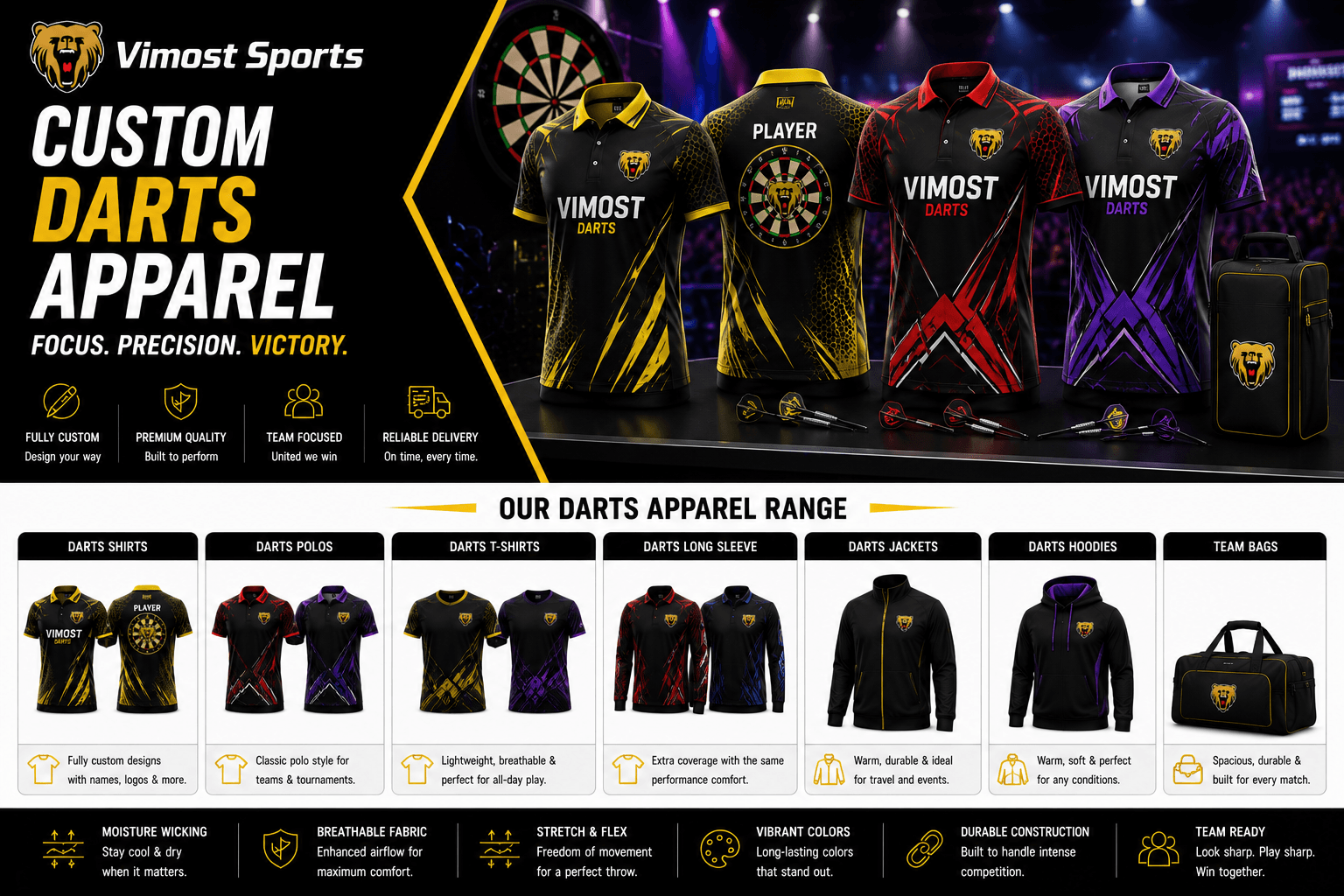 custom darts apparel products Custom dart shirts including darts jerseys, polo shirts and teamwear by Vimost Sports