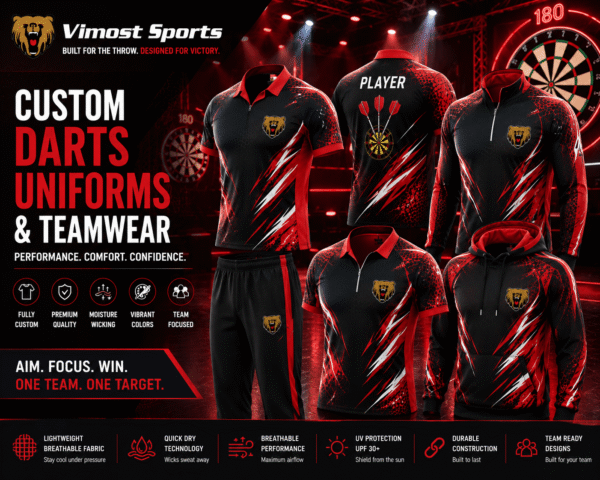 Custom dart shirts manufacturer showing sublimated darts jerseys and polo shirts by Vimost Sports