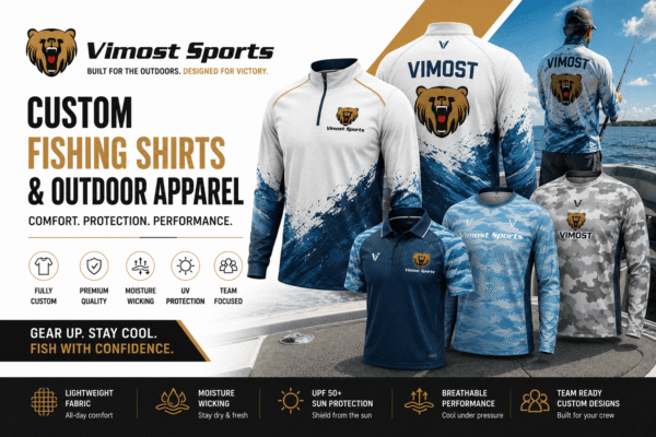 Custom fishing shirts manufacturer showing sublimated fishing shirts, polo shirts, hoodies and shorts by Vimost Sports