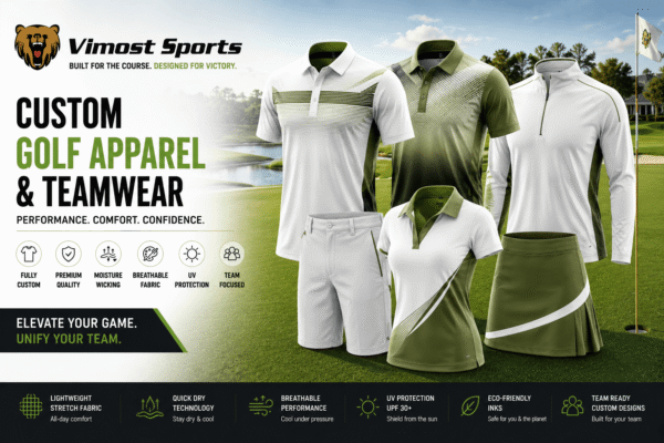 Custom golf shirts manufacturer showing golf polo shirts and teamwear by Vimost Sports