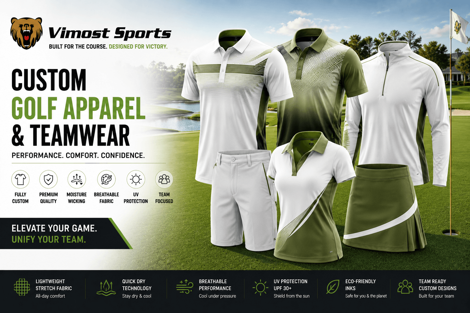 custom golf apparel teamwear banner Custom golf shirts manufacturer showing golf polo shirts and teamwear by Vimost Sports