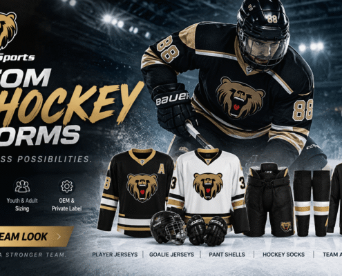 Custom Ice Hockey Uniforms: Styles, Customization Options and Team Ordering Guide 3 Custom ice hockey uniforms including player jerseys goalie jerseys pant shells hockey socks teamwear and hockey bags by Vimost Sports