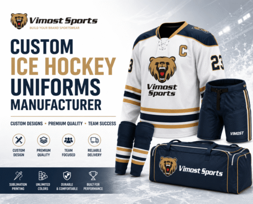 Custom Ice Hockey Uniforms 11 Custom ice hockey uniforms with jersey, pant shells, socks and hockey bag by Vimost Sports.