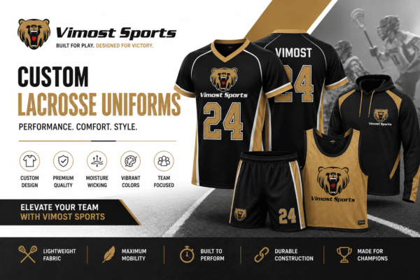 Custom lacrosse uniforms manufacturer showing jerseys, reversible pinnies, shorts, shooter shirts and teamwear by Vimost Sports