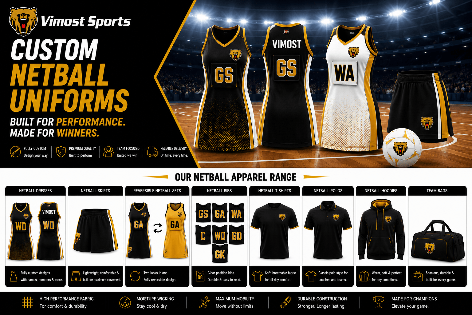 custom netball uniforms products Custom netball uniforms including netball dresses, skirts, skorts, bodysuits and teamwear by Vimost Sports