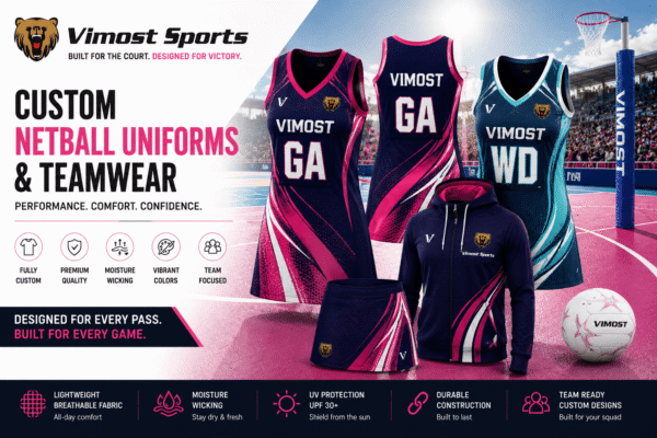 Custom netball uniforms manufacturer showing netball dresses, skirts, skorts and teamwear by Vimost Sports