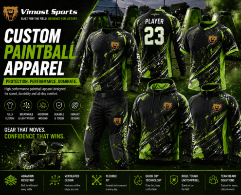 Custom Paintball Jerseys 3 Custom paintball jerseys with sublimated team logos and camo graphics by Vimost Sports