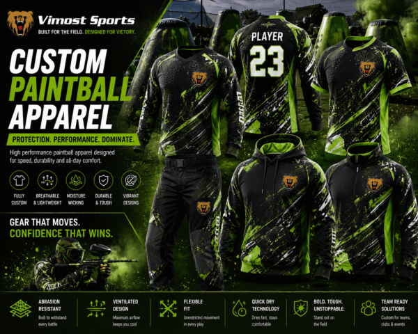 Custom paintball jerseys with sublimated team logos and camo graphics by Vimost Sports