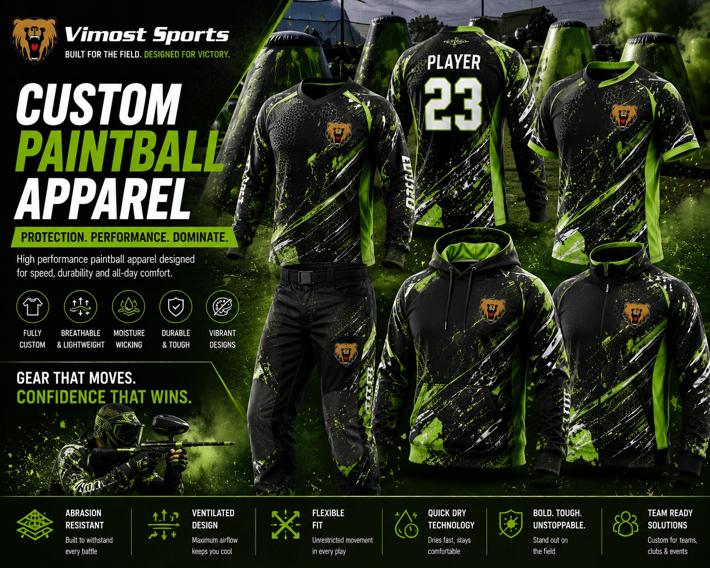 custom paintball apparel banner Custom paintball jerseys with sublimated team logos and camo graphics by Vimost Sports