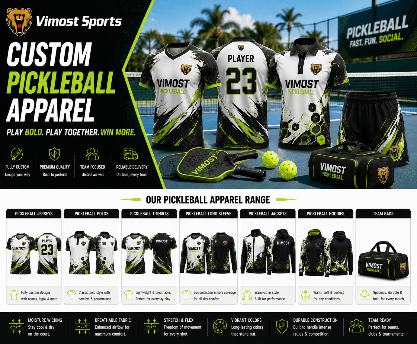 custom pickleball apparel product Custom pickleball apparel including jerseys, shirts, polos, shorts, skirts and teamwear by Vimost Sports
