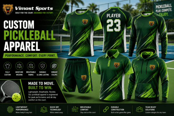 Custom pickleball apparel manufacturer showing jerseys, polos, shorts, skirts and teamwear by Vimost Sports