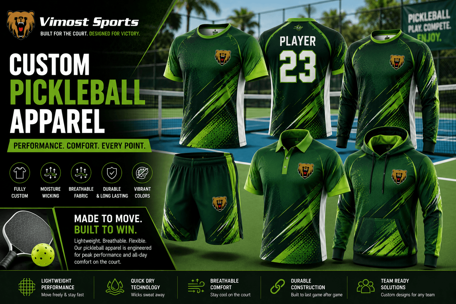custom pickleball apparelteamwear banner Custom pickleball apparel manufacturer showing jerseys, polos, shorts, skirts and teamwear by Vimost Sports