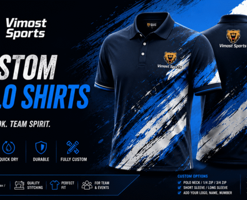 Custom Polo Shirts 12 custom polo shirts manufacturer showing custom logo, colors and sublimation artwork by Vimost Sports