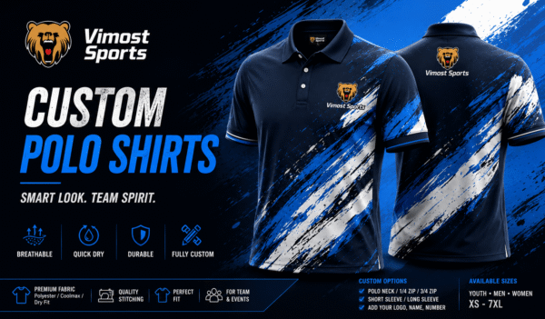 custom polo shirts banner custom polo shirts manufacturer showing custom logo, colors and sublimation artwork by Vimost Sports