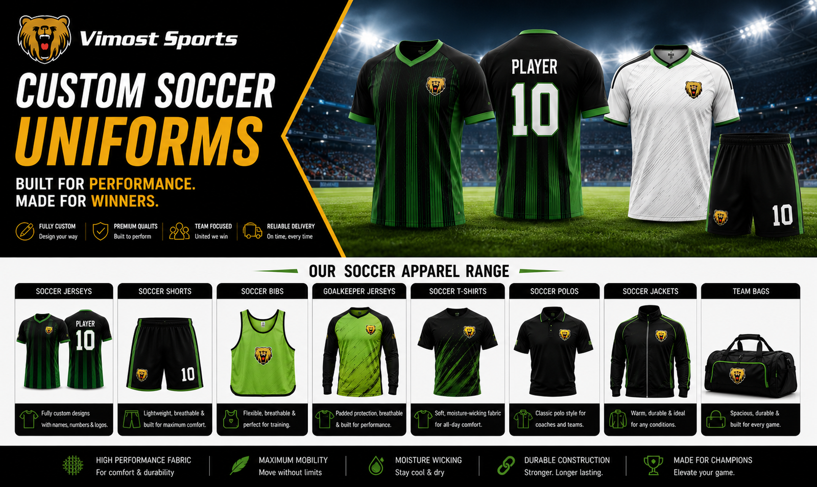 custom soccer uniform products Custom soccer uniforms including jerseys, shorts, goalkeeper jerseys, training bibs and teamwear by Vimost Sports