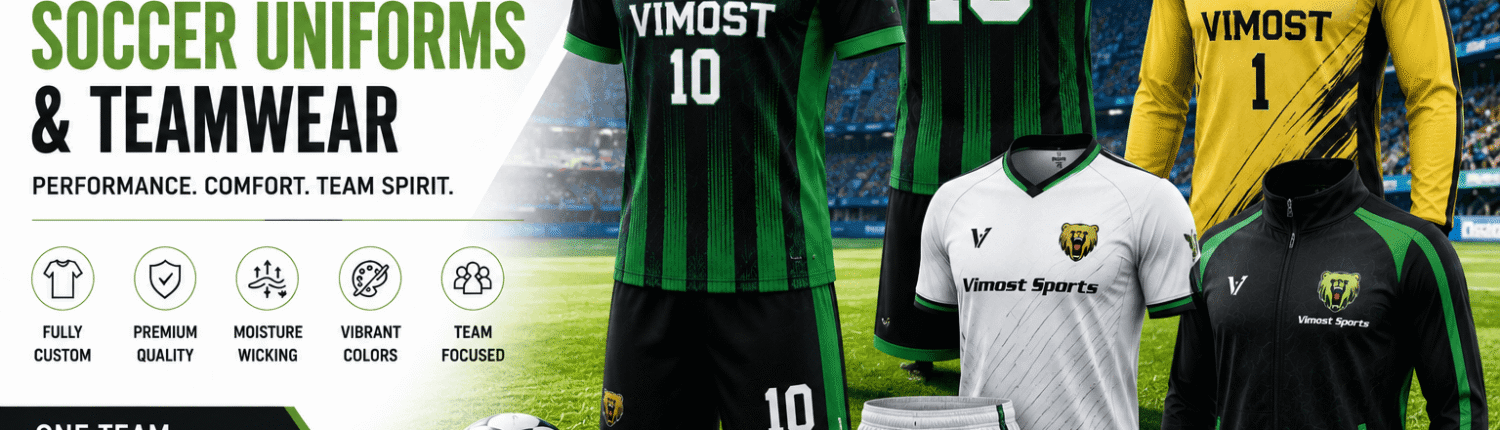 Custom soccer uniforms manufacturer showing soccer jerseys, shorts, goalkeeper jerseys and training bibs by Vimost Sports