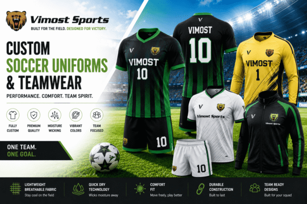 Custom soccer uniforms manufacturer showing soccer jerseys, shorts, goalkeeper jerseys and training bibs by Vimost Sports