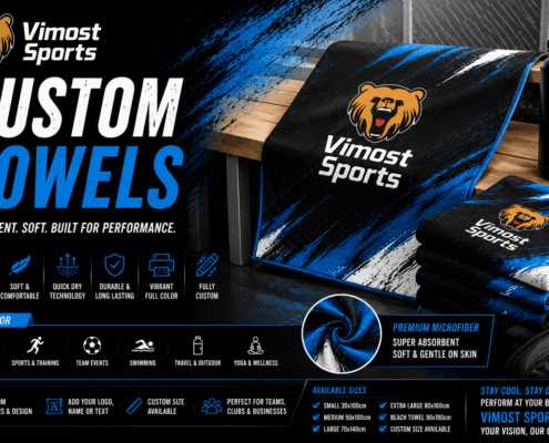 Custom Towels 3 custom towels manufacturer showing custom logo, colors and sublimation artwork by Vimost Sports