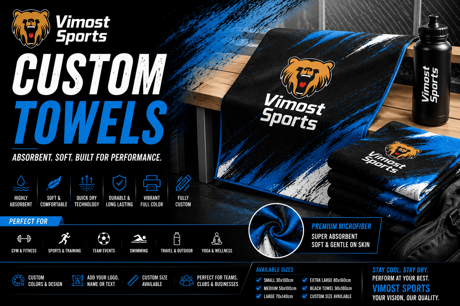 custom towels banner custom towels manufacturer showing custom logo, colors and sublimation artwork by Vimost Sports
