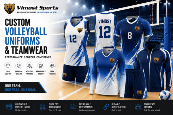 Custom volleyball uniforms manufacturer showing volleyball jerseys, shorts and teamwear by Vimost Sports
