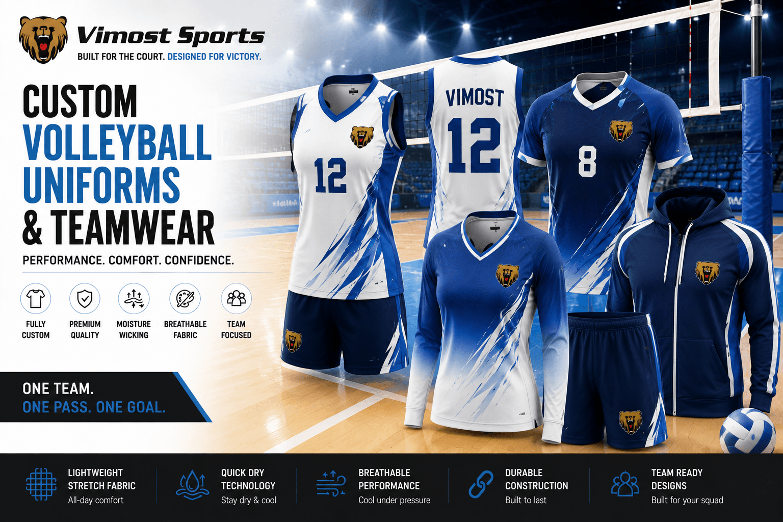 custom volleyball uniforms teamwear banner Custom volleyball uniforms manufacturer showing volleyball jerseys, shorts and teamwear by Vimost Sports