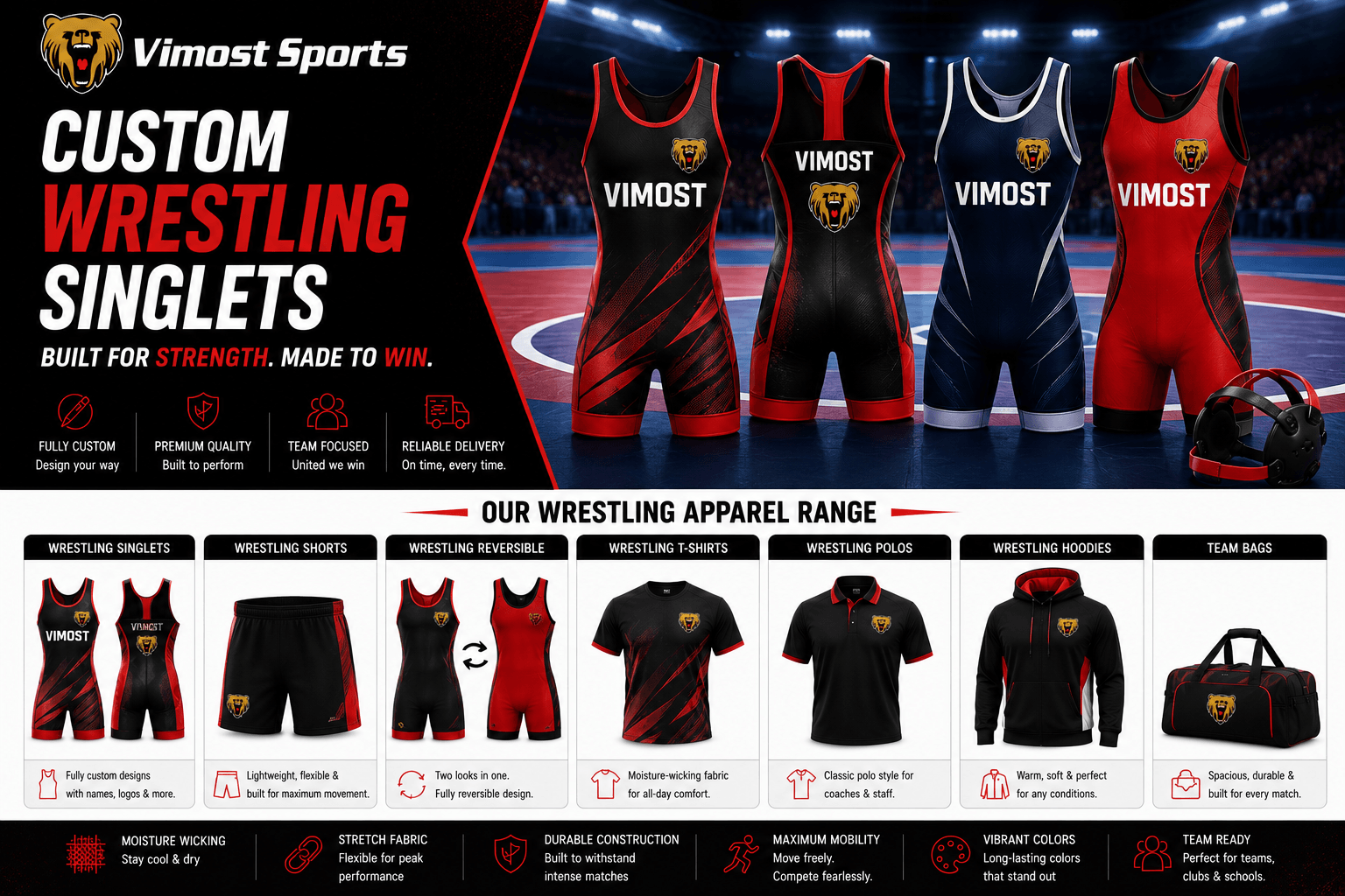 custom wresting singlets products Custom wrestling singlets including youth, men’s, women’s and team singlets by Vimost Sports