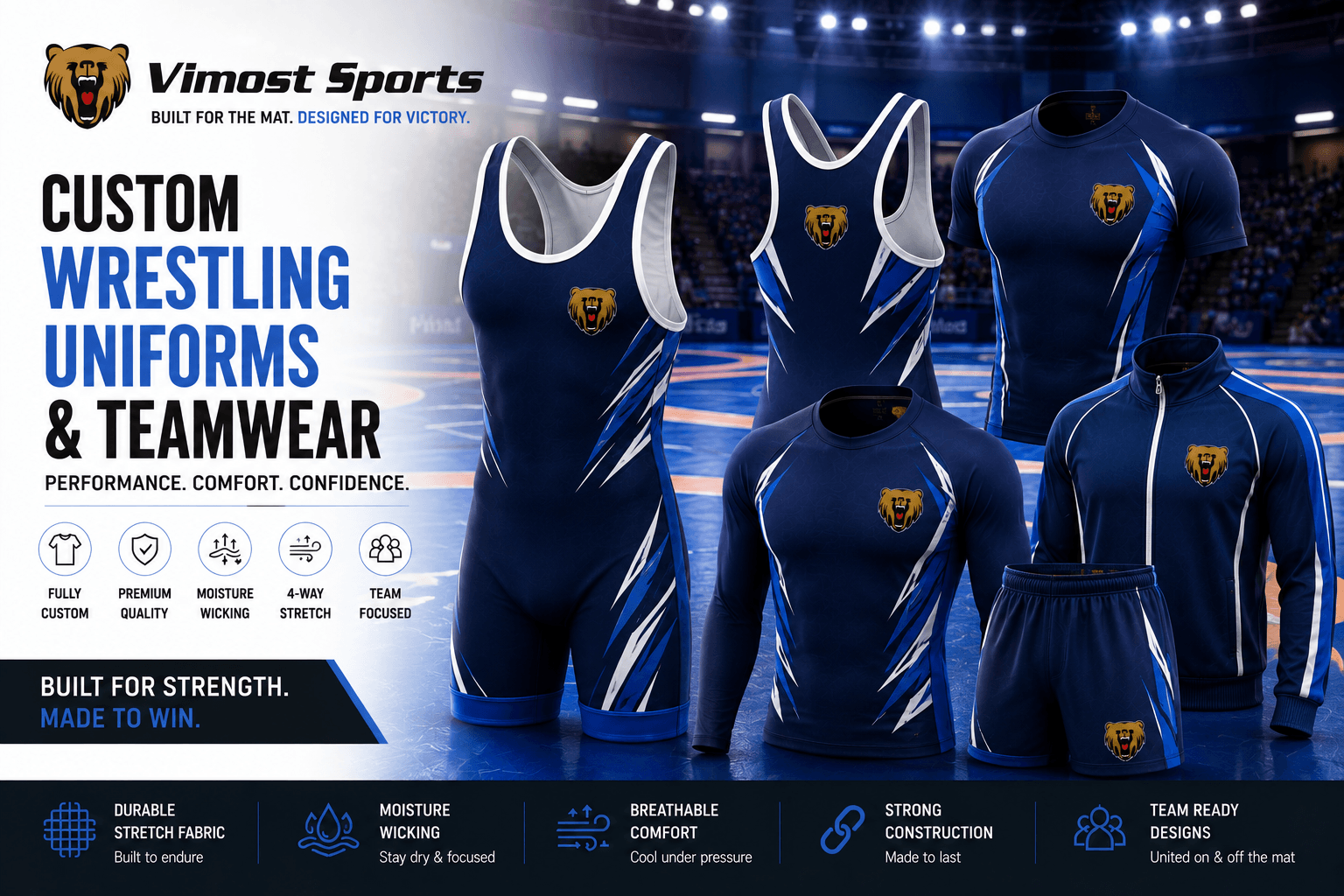 custom wresting uniforms teamwear banner Custom wrestling singlets manufacturer showing sublimated wrestling singlets for teams by Vimost Sports