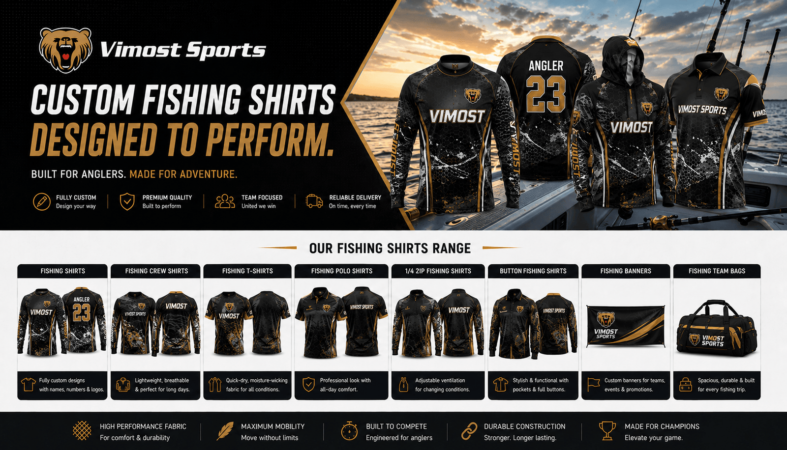 fishing shirts products Custom fishing apparel including fishing shirts, polo shirts, hoodies, jackets and shorts by Vimost Sports