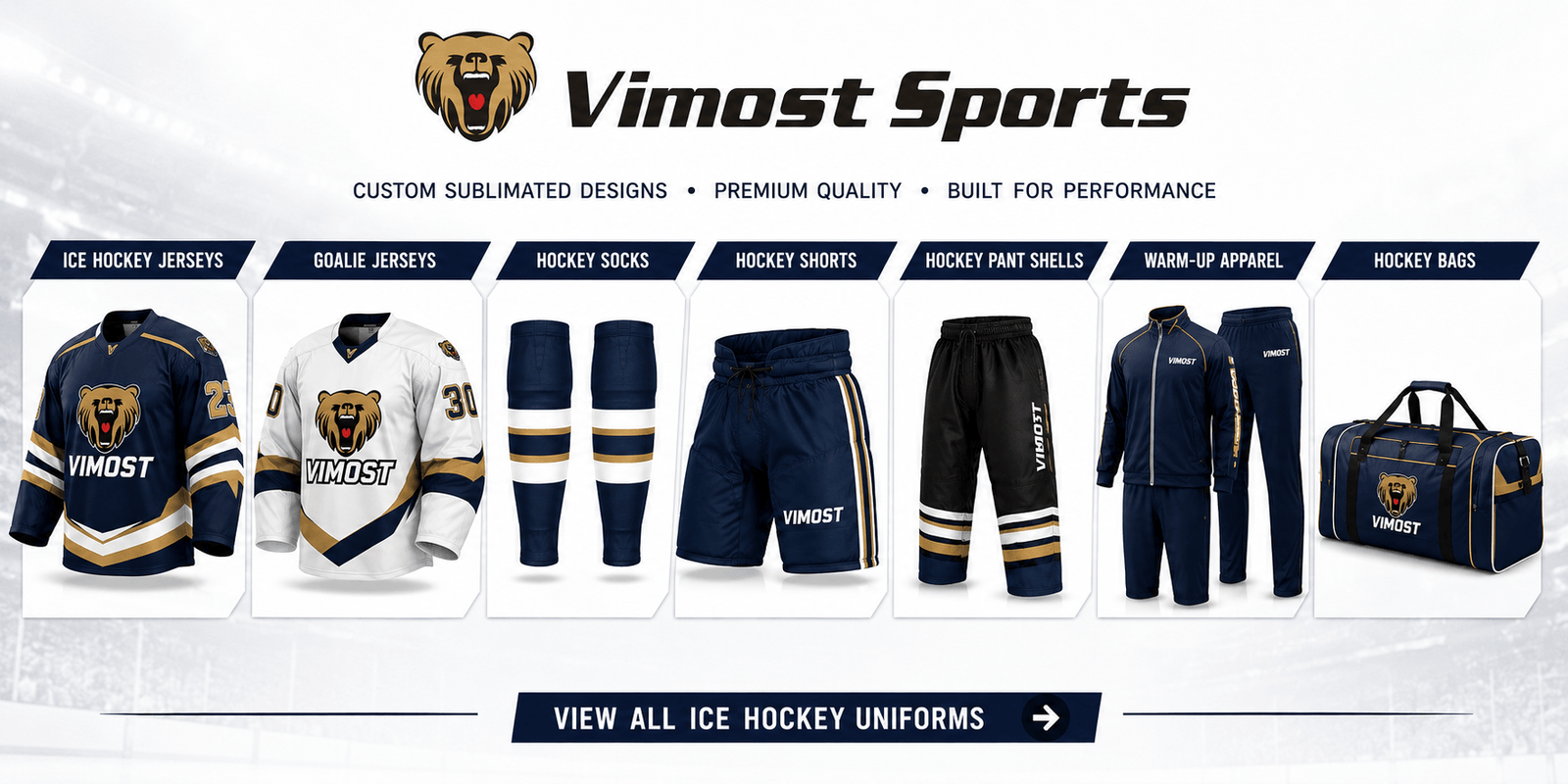 Ice hockey uniforms and team gear including jerseys, goalie jerseys, socks, shorts, pant shells, warm-up apparel and hockey bags.