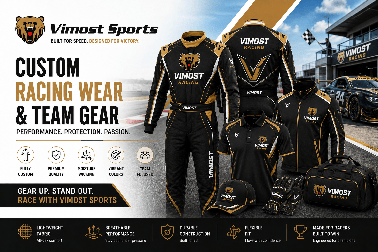 custom-racing-apparel-manufacturer-vimost Custom racing apparel manufacturer showing racing shirts, pit crew shirts, BMX racing jerseys and banners by Vimost Sports