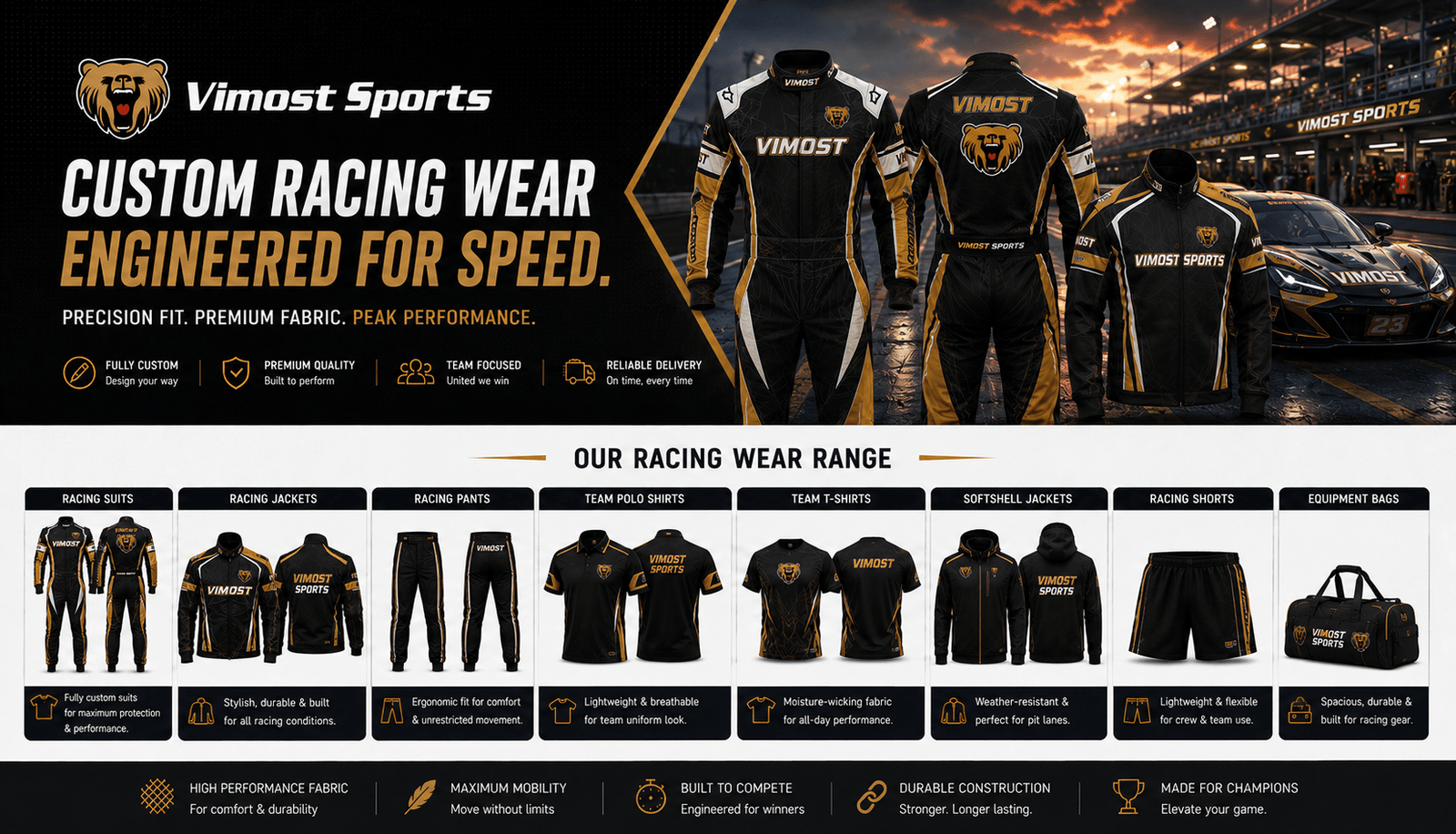 racing apparel products Custom racing apparel including racing shirts, pit crew shirts, T-shirts, polos, BMX jerseys, motocross jerseys and banners by Vimost Sports