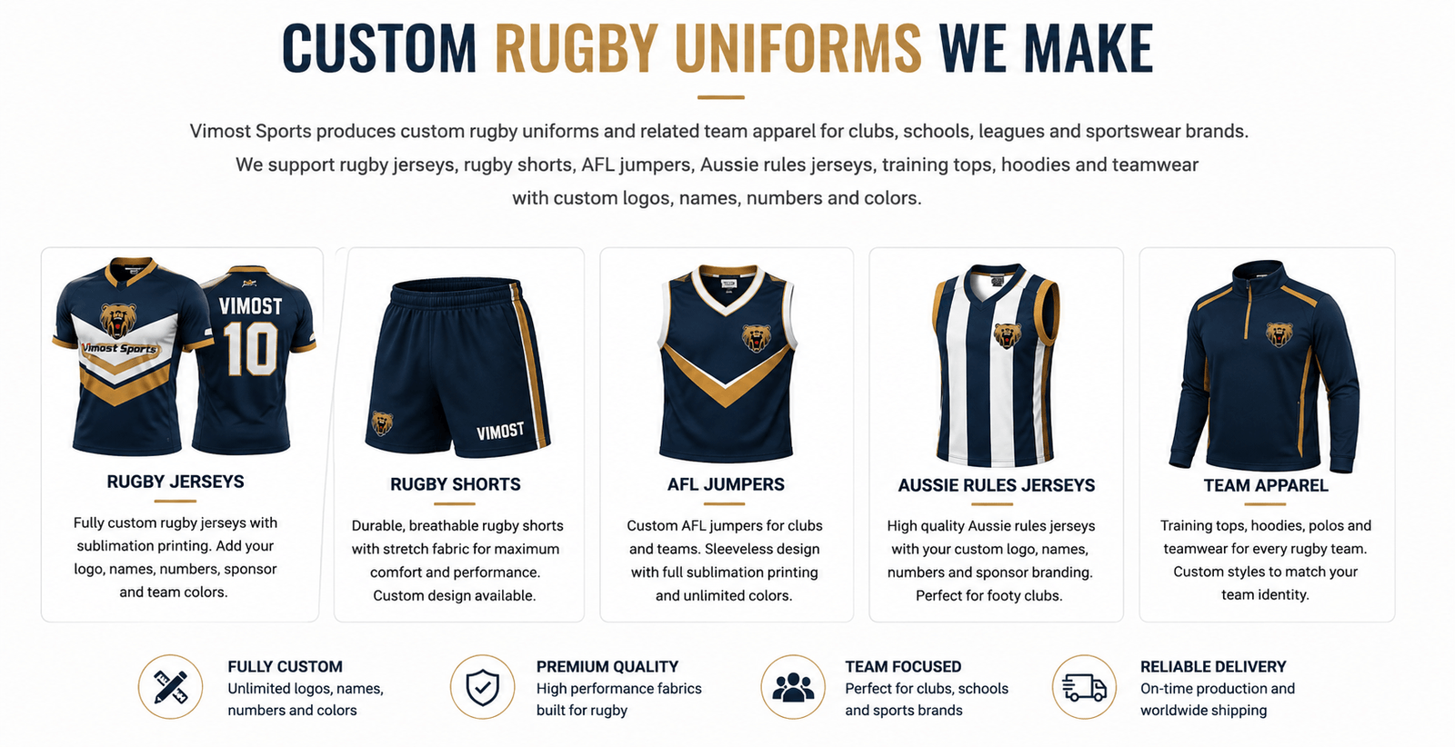 rugby-product-category-tabs-reference We support rugby jerseys, rugby shorts, rugby socks, AFL jumpers, Aussie rules jerseys, training tops, hoodies, bags and teamwear